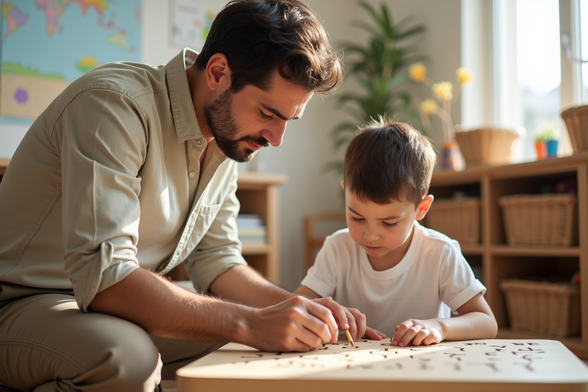 Guide Montessori aidant un enfant à tracer des lettres