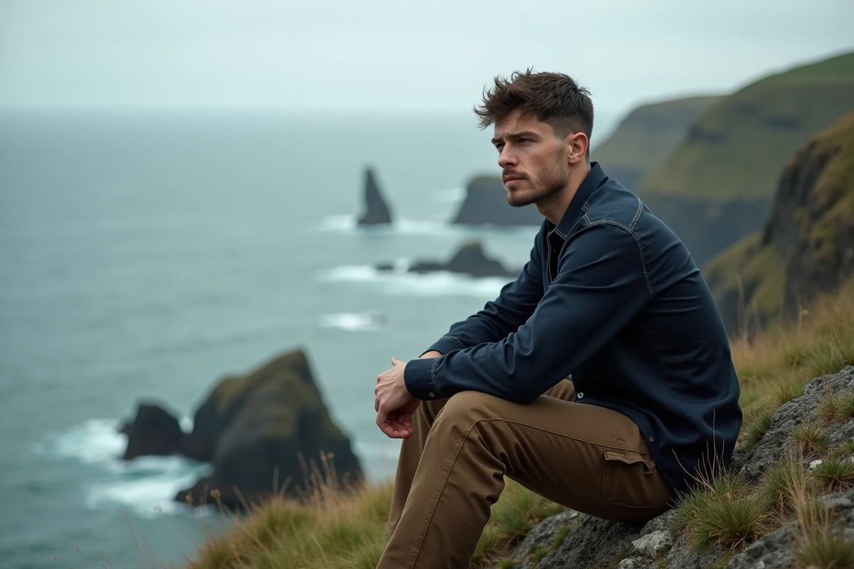 Jeune homme contemplatif sur une falaise celtique symbolisant l'héritage guerrier et royal du prénom Arthur