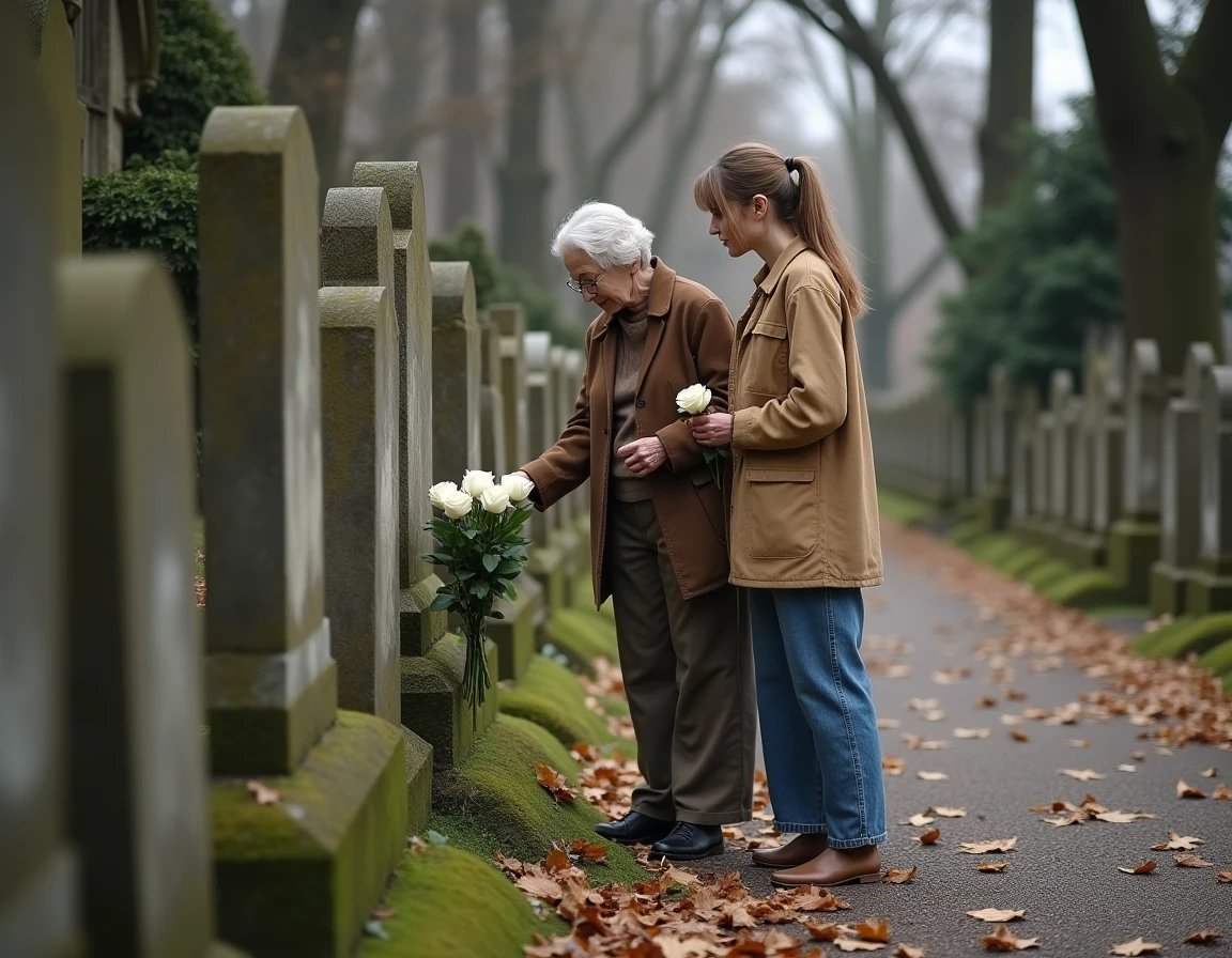 Deux femmes déposant des roses blanches sur une tombe au cimetière en souvenir d'une tante