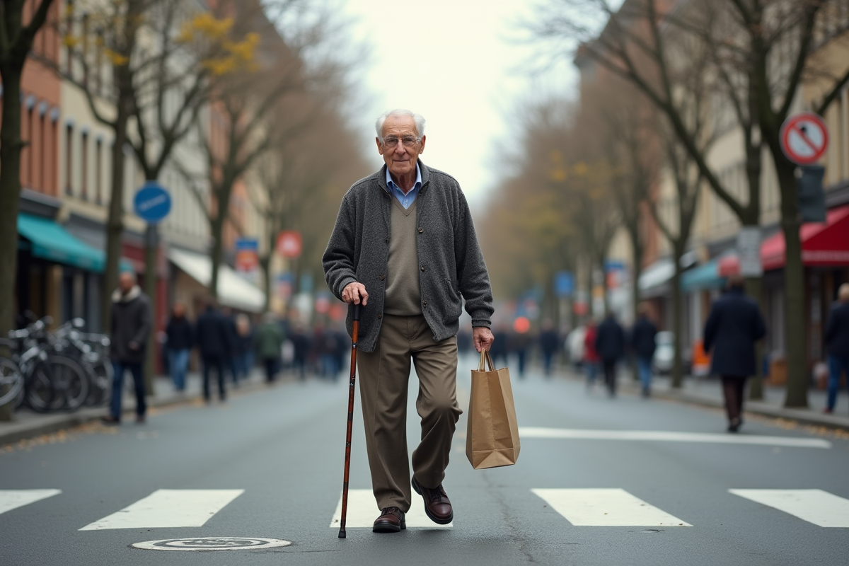 Homme âgé traverse calmement une rue urbaine avec un sac réutilisable