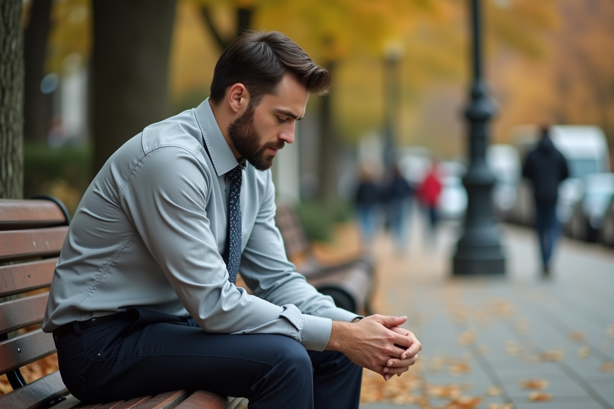 Jeune homme assis sur un banc dans un parc en automne