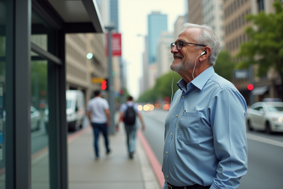 Homme âgé attendant au bus dans une rue urbaine
