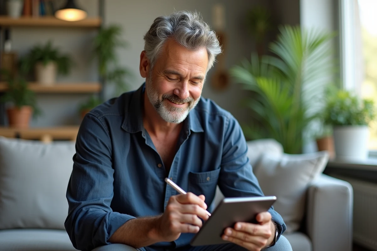 Homme personnalisant une carte d'anniversaire animée sur une tablette dans un salon lumineux et chaleureux