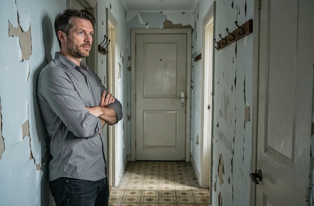 Homme sur le qui-vive dans un couloir domestique, posture de protection illustrant la peur et la tension liées au comportement d'un conjoint alcoolique