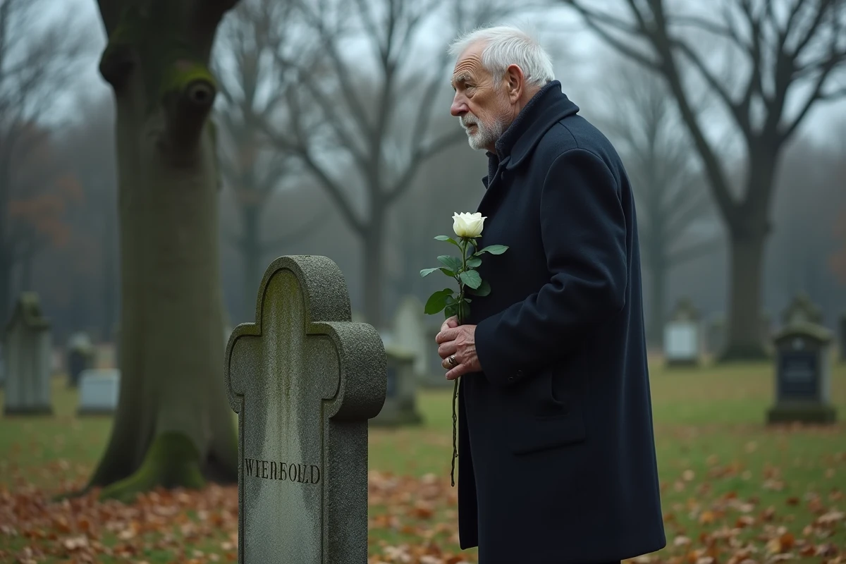 Homme âgé déposant une rose blanche sur la tombe de sa mère dans un cimetière rural en automne