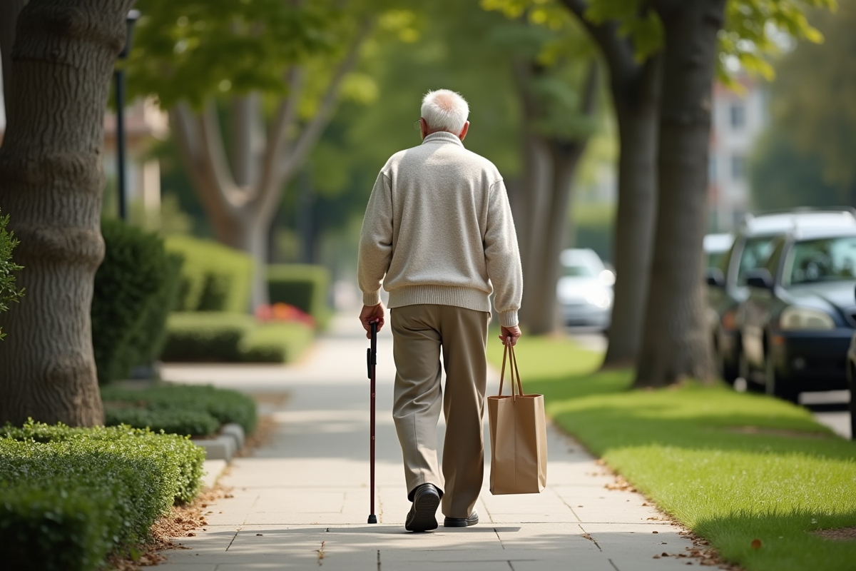 Homme âgé marchant dans un quartier résidentiel calme