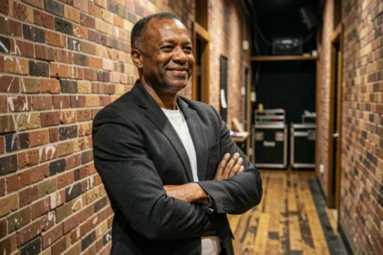 Humoriste en coulisses d'un théâtre, sourire détendu entre scène et vie privée