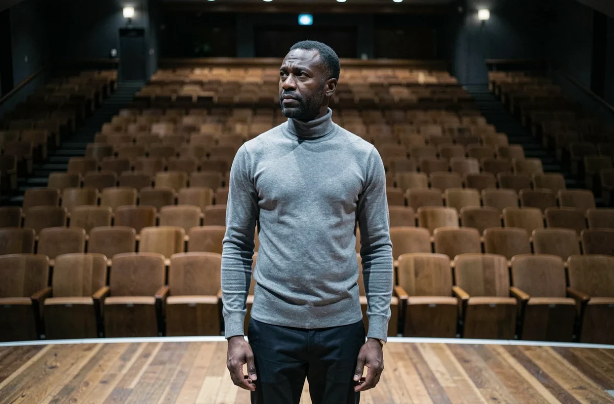Humoriste seul sur scène face à une salle vide, frontière entre performance et introspection