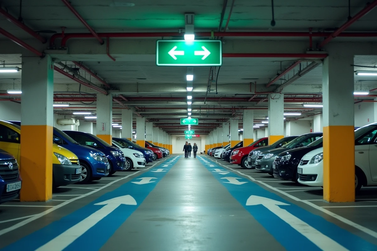 Allée intérieure du parking couvert du P+R Le Cardo avec signalétique directionnelle et places disponibles