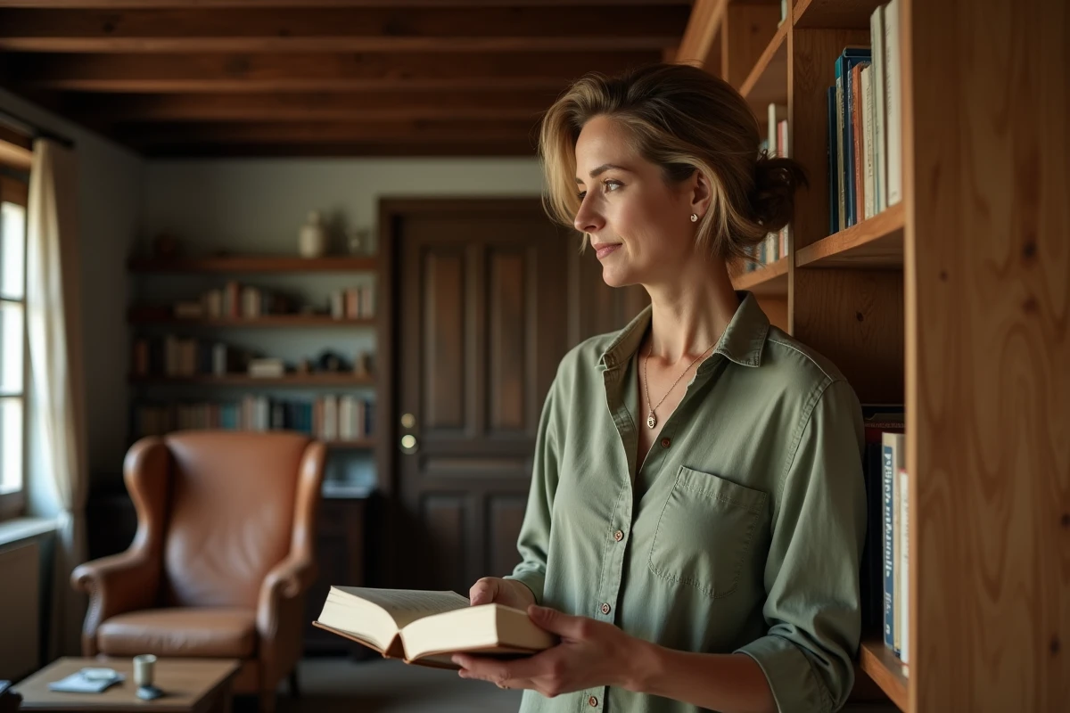 Femme dans sa bibliothèque personnelle, symbolisant le jardin secret et l'intimité préservée loin de l'espace public