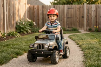 Jeep enfant électrique rouge avec un garçon de 6 ans portant un casque dans un jardin