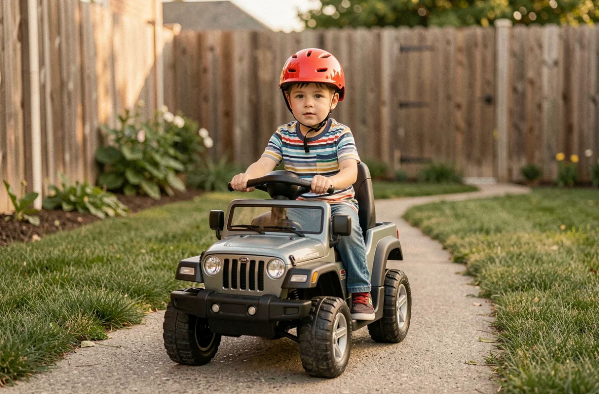 Jeep enfant électrique rouge avec un garçon de 6 ans portant un casque dans un jardin