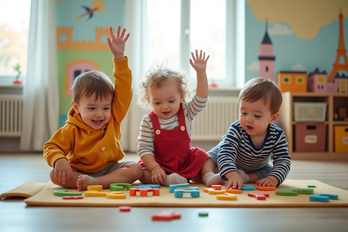 Groupe d'enfants de 3 ans jouant avec des lettres en mousse dans une crèche parisienne pour stimuler le langage