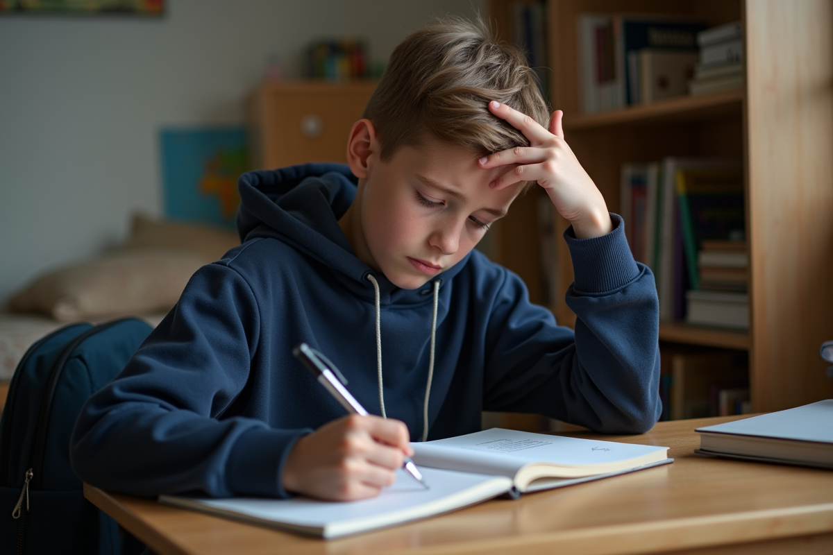 Adolescent en hoodie regardant son livre scolaire