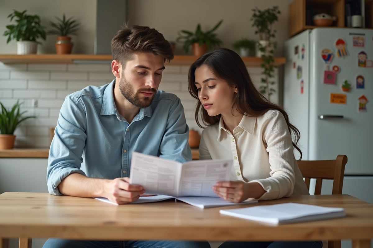 Jeune couple lisant des brochures de planification familiale