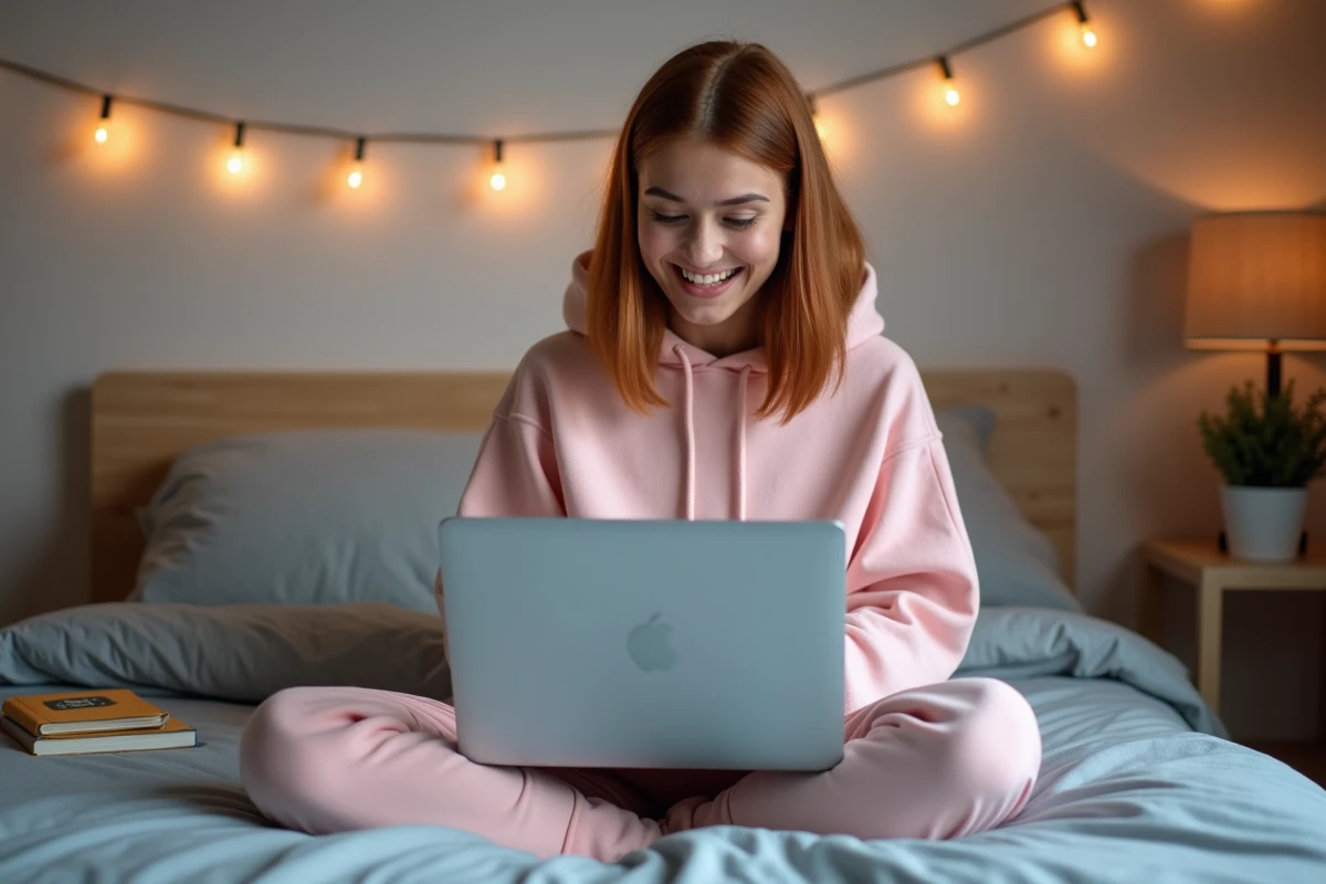 Jeune femme souriante sur son lit avec un ordinateur portable affichant une carte d'anniversaire animée personnalisée