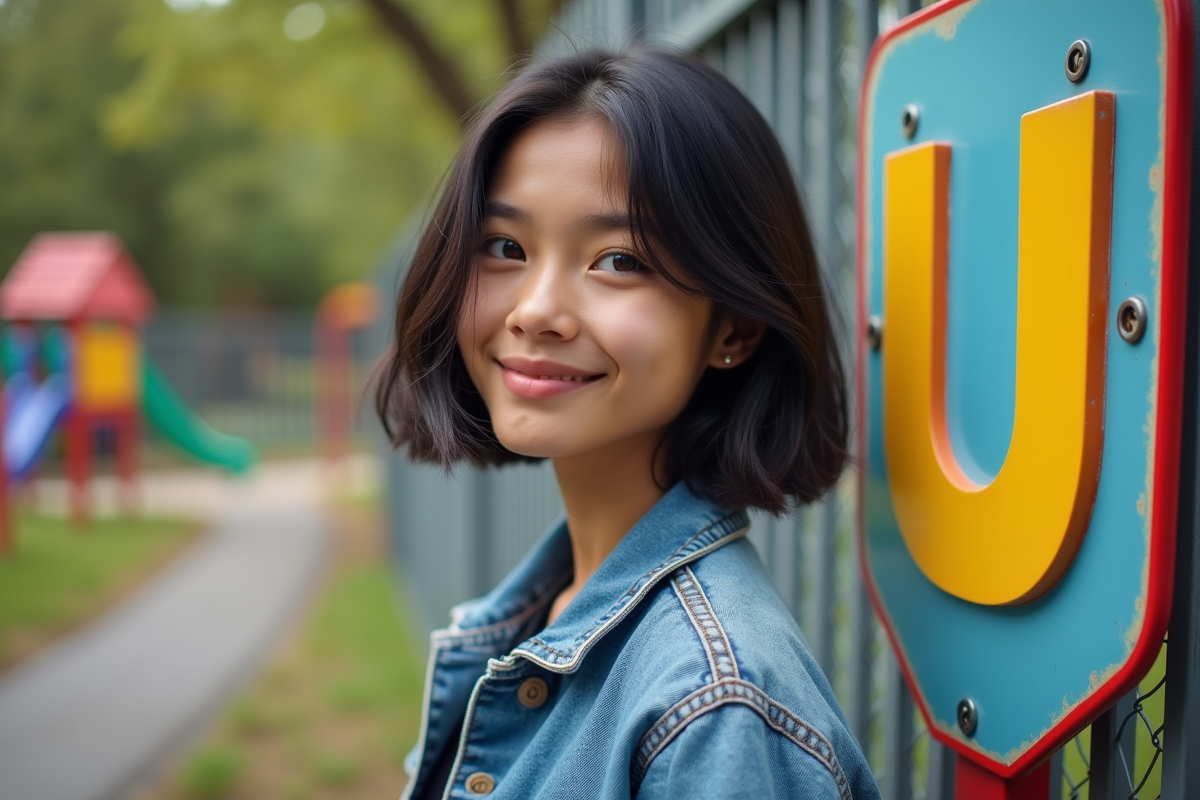 Jeune femme devant un panneau avec la lettre U dans un parc