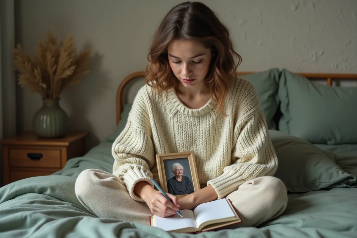 Jeune femme écrivant un poème en hommage à sa mère décédée, assise sur son lit avec une photo encadrée de la défunte