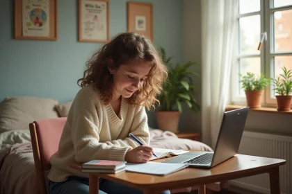 Jeune fille concentrée à son bureau dans une chambre lumineuse