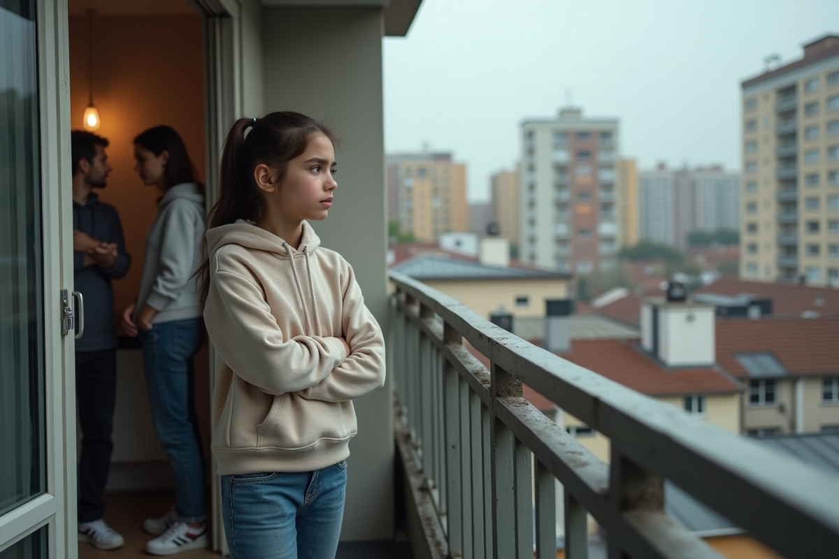 Jeune fille en hoodie sur le balcon urbain