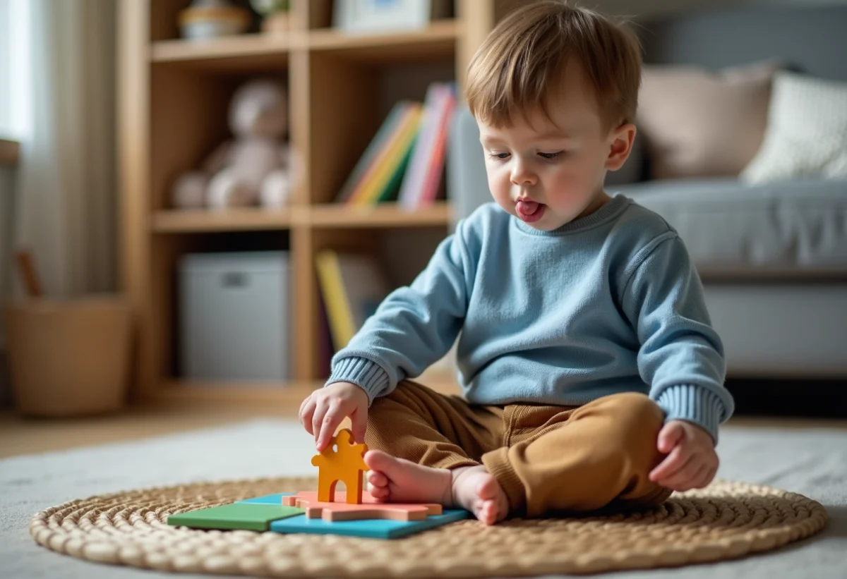Jeune garçon de 3 ans jouant avec un puzzle coloré dans un salon chaleureux