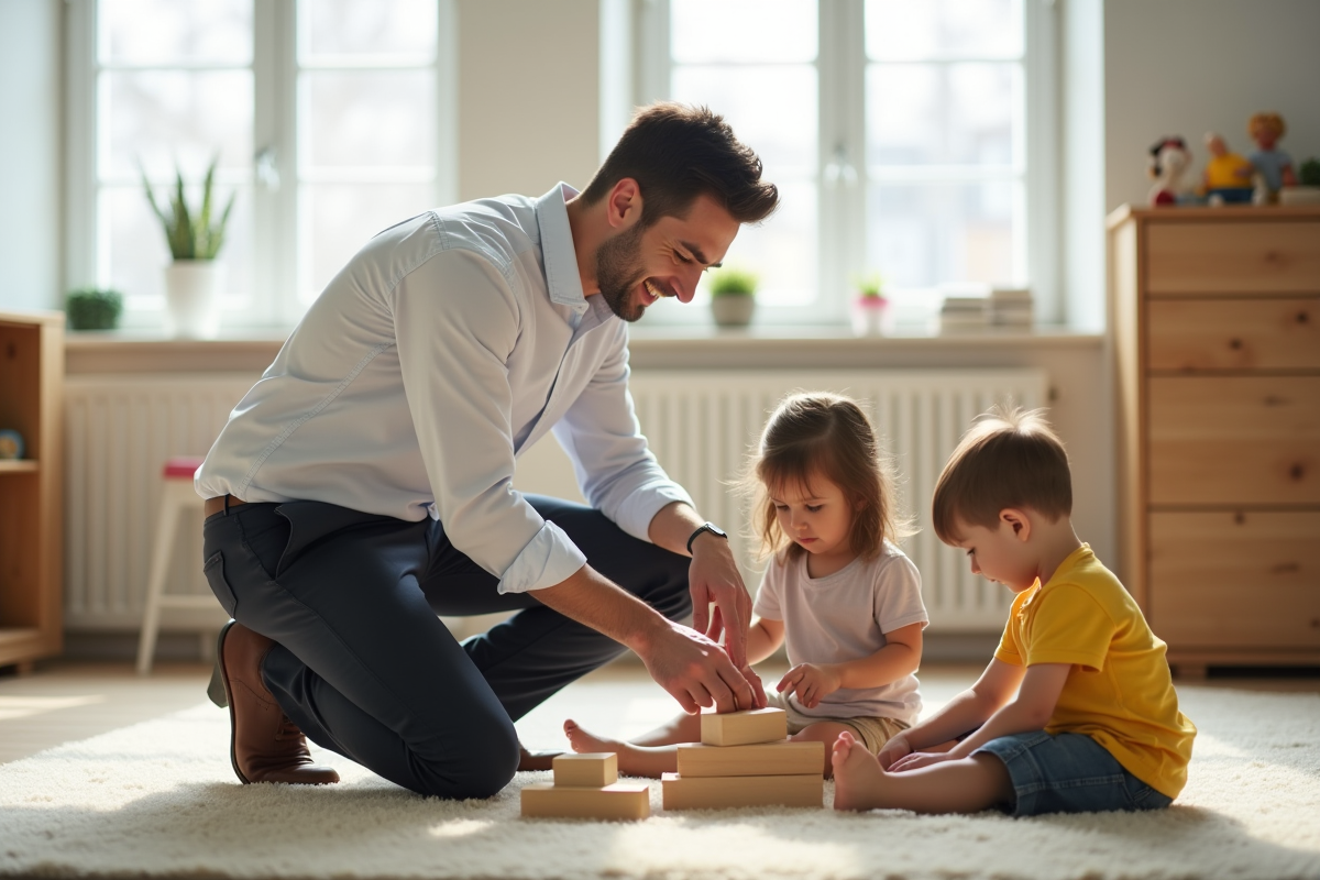 Jeune homme aidant des enfants à jouer avec des blocs