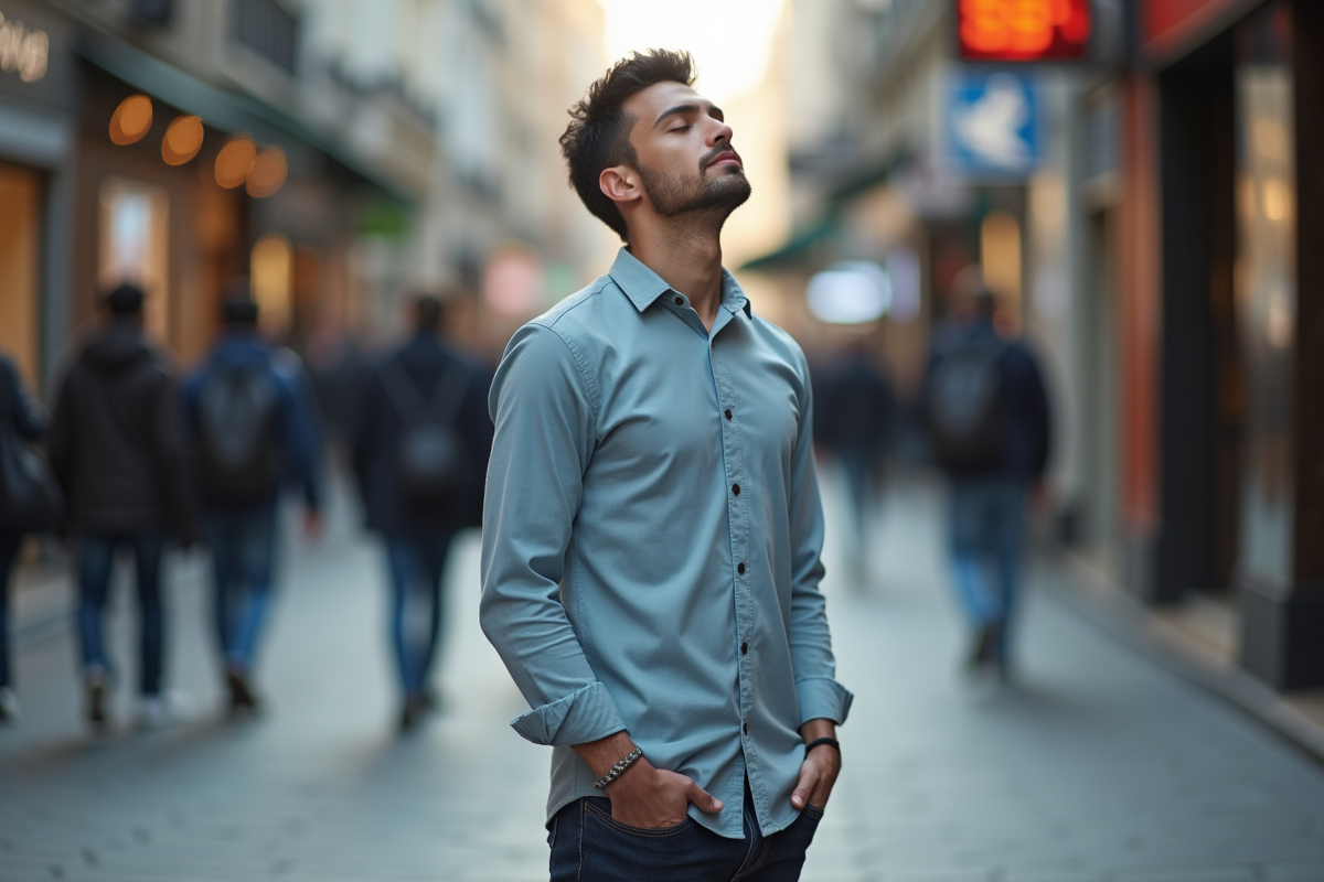 Jeune homme méditant sur un trottoir urbain en ville