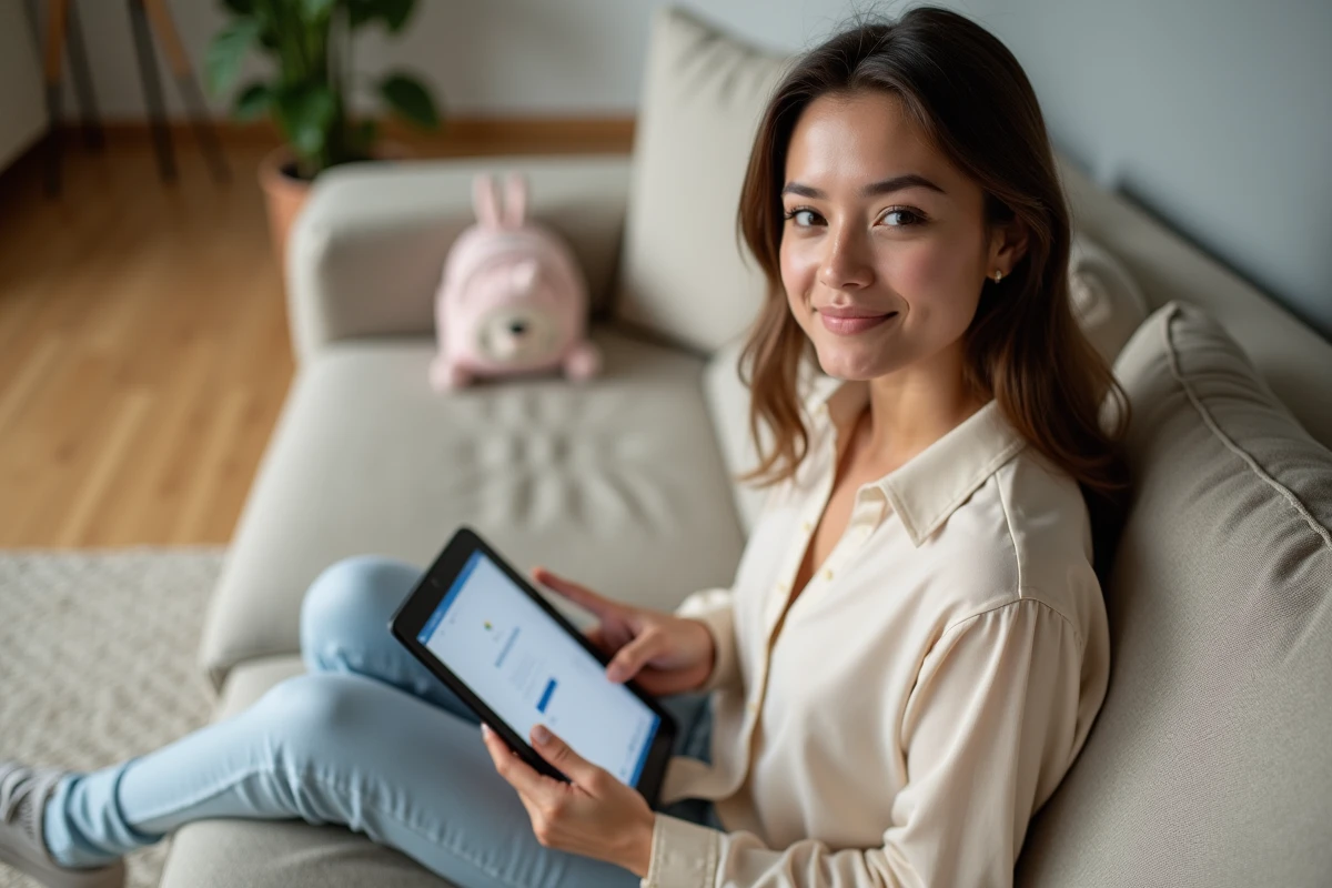 Jeune mère consultant la confirmation d'ouverture de son compte Top Assmat sur tablette dans le salon