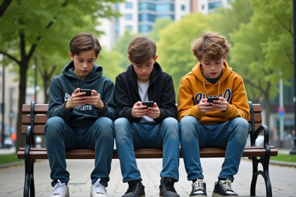 Trois adolescents jouent à un jeu mobile dans un parc urbain