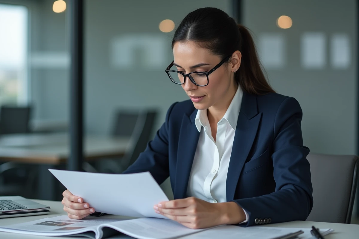 Journaliste femme en blazer marine relisant des documents dans une rédaction moderne, évoquant la vérification d'une rumeur médiatique
