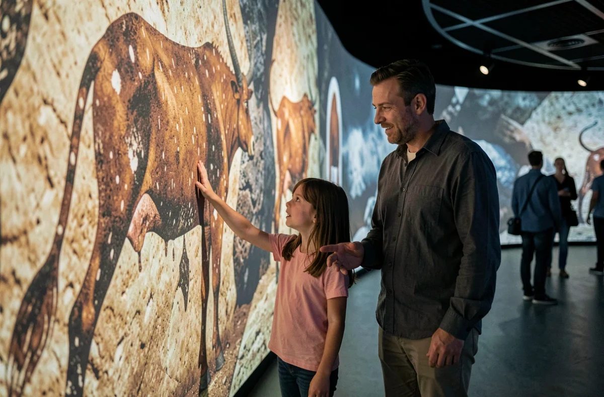 Un père et sa fille face aux reproductions numériques des peintures de Lascaux au Centre International de l'Art Pariétal