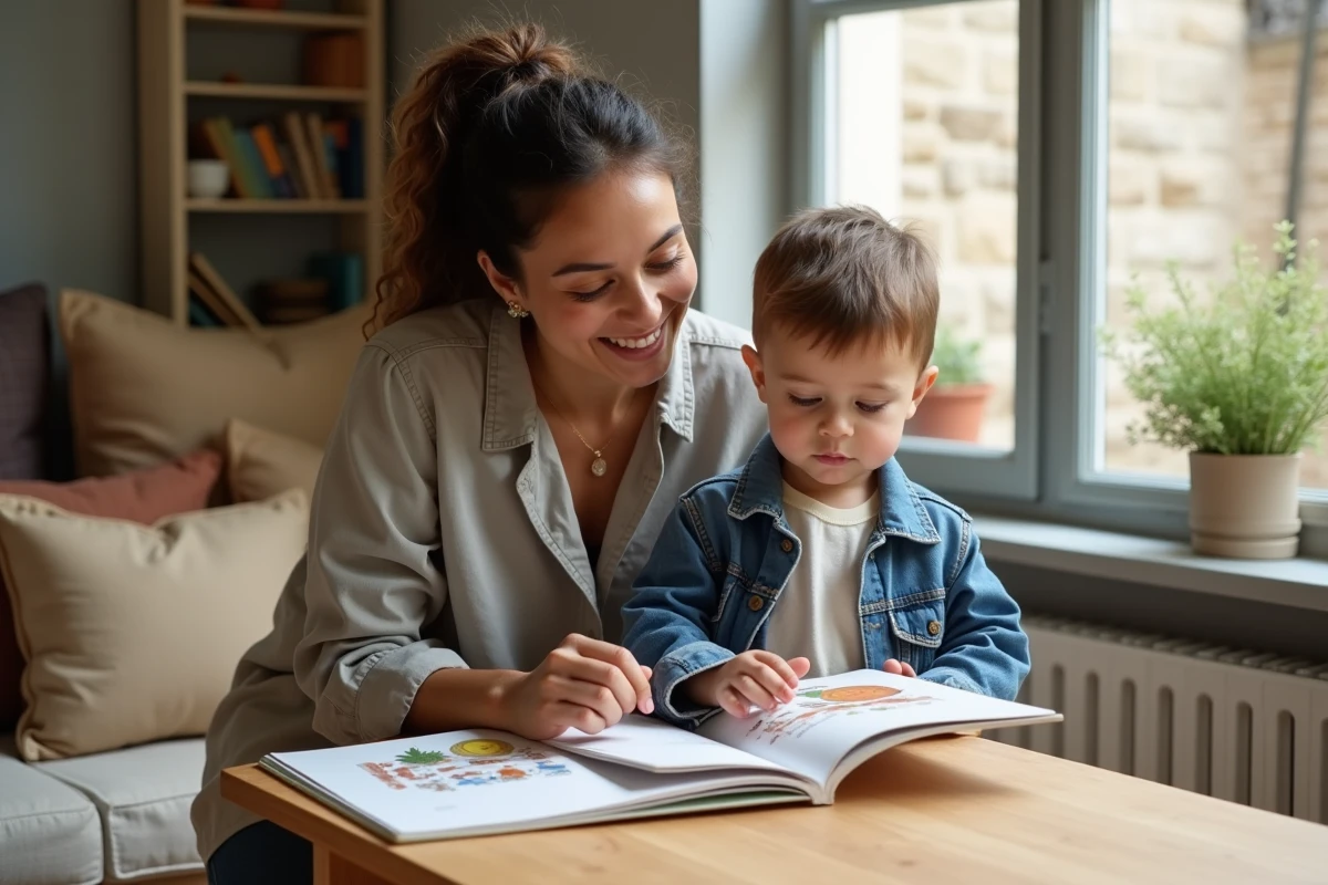 Enfant de 3 ans et éducatrice lisant un livre illustré ensemble dans un espace de jeu parisien pour développer l'autonomie