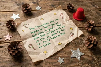 Lettre manuscrite d'un lutin farceur posée sur une table en bois rustique entourée de décorations de Noël miniatures
