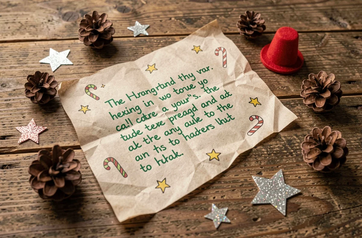 Lettre manuscrite d'un lutin farceur posée sur une table en bois rustique entourée de décorations de Noël miniatures