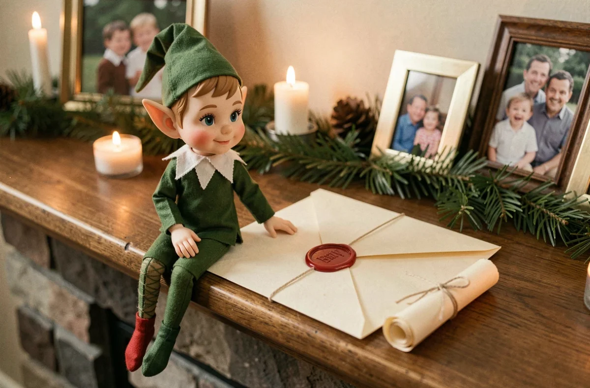 Figurine de lutin farceur assis sur une cheminée à côté d'une lettre scellée à la cire rouge pour Noël