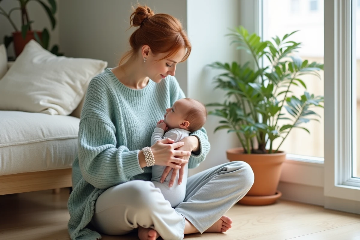 Jeune maman assise sur le sol d'un salon scandinave admirant son bracelet fait main pour naissance tout en tenant son bébé
