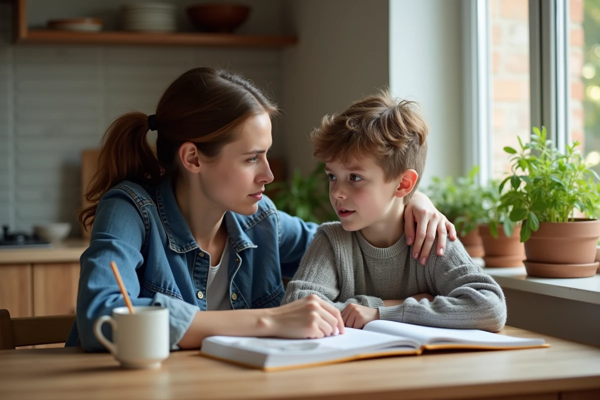 Maman et son enfant discutent à la cuisine chaleureuse