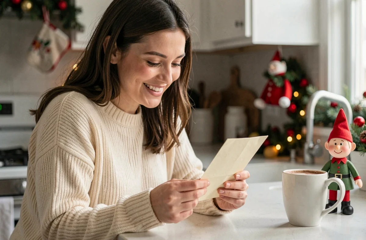 Maman souriante lisant une courte lettre de lutin farceur dans une cuisine décorée pour Noël