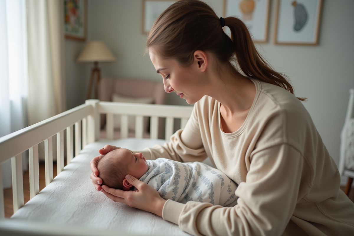 Maman place tendrement son bébé dans le lit
