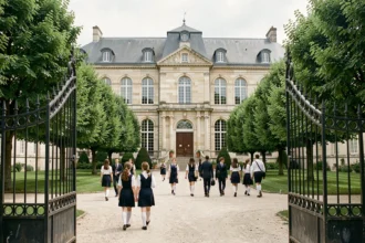 Vue d'ensemble d'une école privée dans les Pays de la Loire avec une cour intérieure et des élèves en uniforme