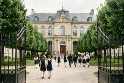 Vue d'ensemble d'une école privée dans les Pays de la Loire avec une cour intérieure et des élèves en uniforme