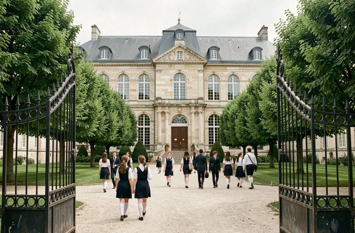 Vue d'ensemble d'une école privée dans les Pays de la Loire avec une cour intérieure et des élèves en uniforme