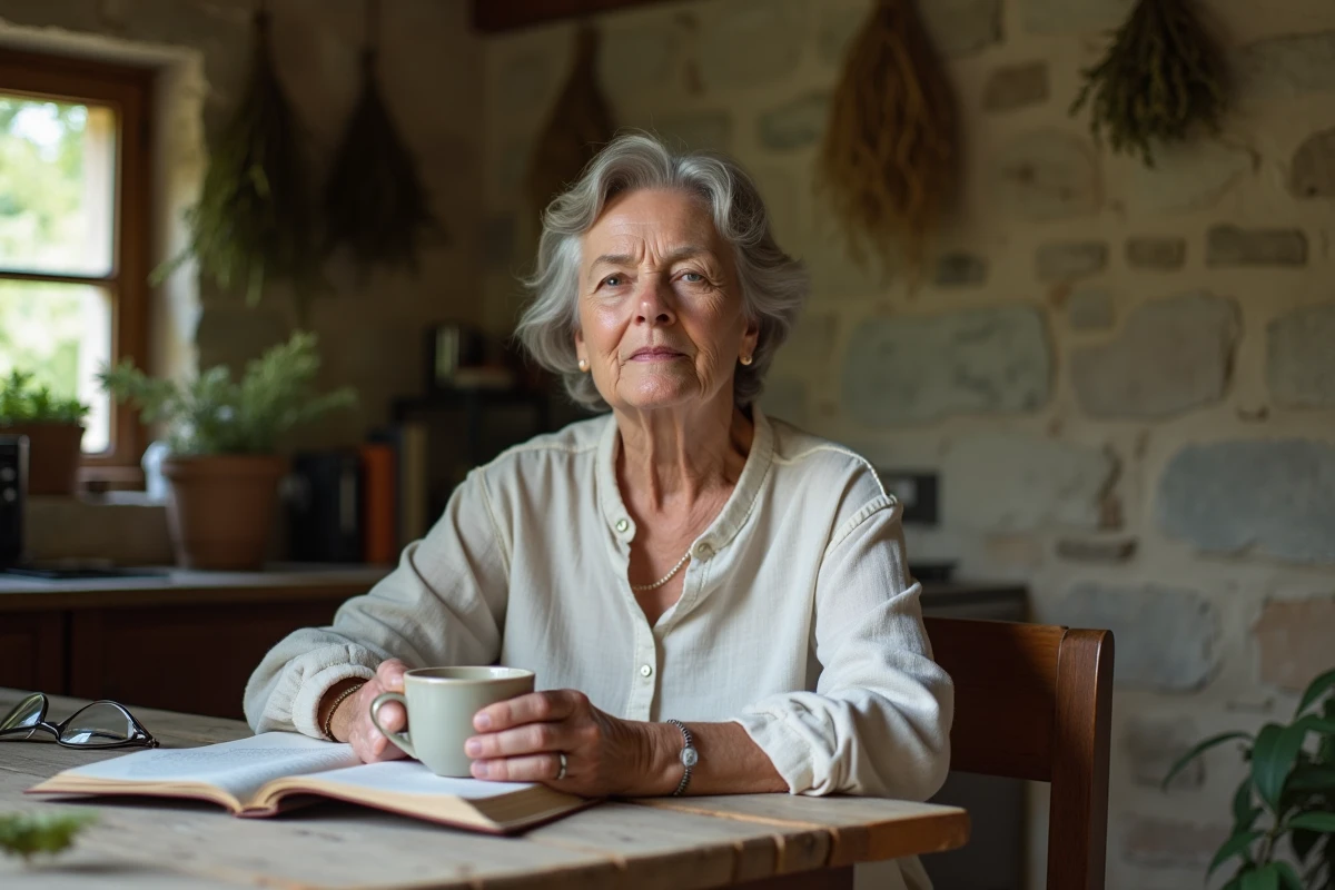 Mère d'Aurore Malval attablée dans une cuisine rustique française, évoquant les origines régionales et le milieu intellectuel modeste