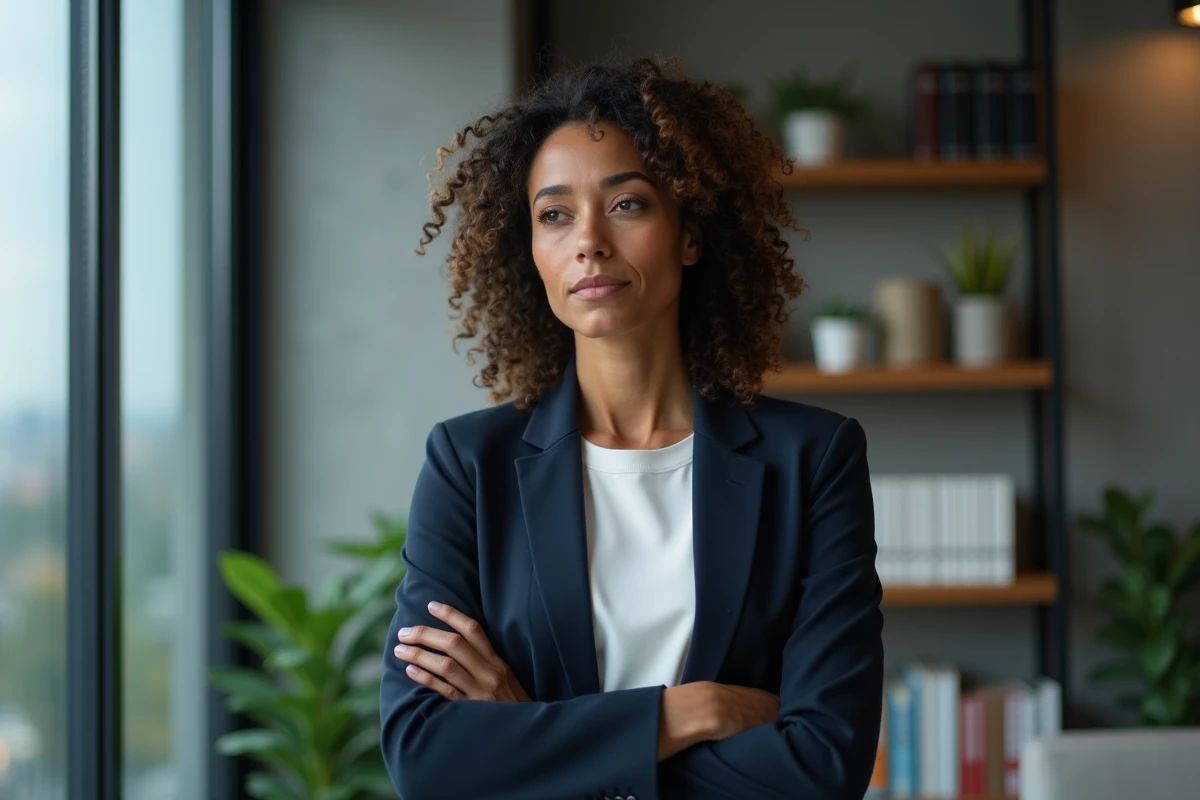 Femme en blazer marine debout près d'une fenêtre dans un appartement moderne, posture fermée et regard discret, style portrait éditorial