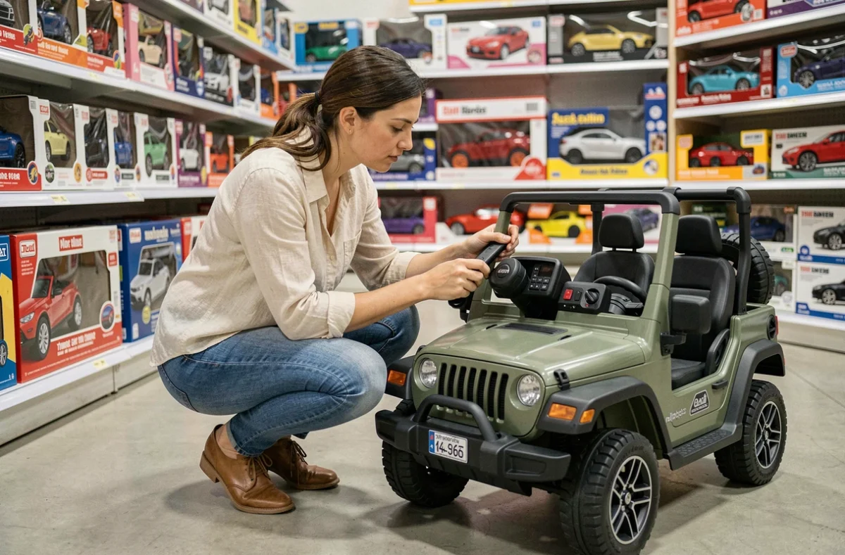 Mère choisissant une Jeep enfant dans un magasin de jouets en vérifiant les caractéristiques de sécurité
