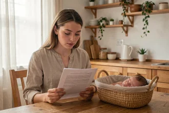 Mère lisant attentivement un contrat de garde de nourrisson à domicile, bébé endormi dans un berceau à ses côtés