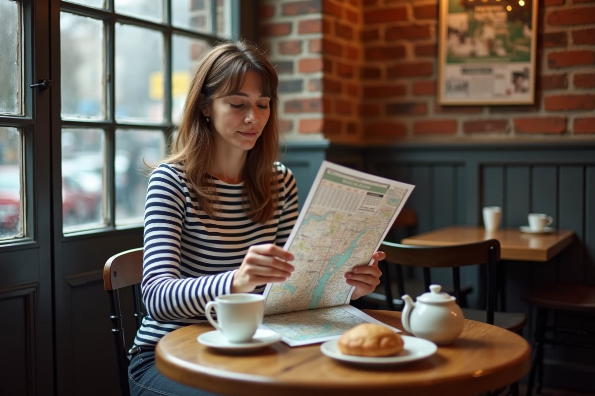 Mère française planifiant les vacances scolaires à Londres dans un salon de thé traditionnel britannique avec calendrier et carte touristique