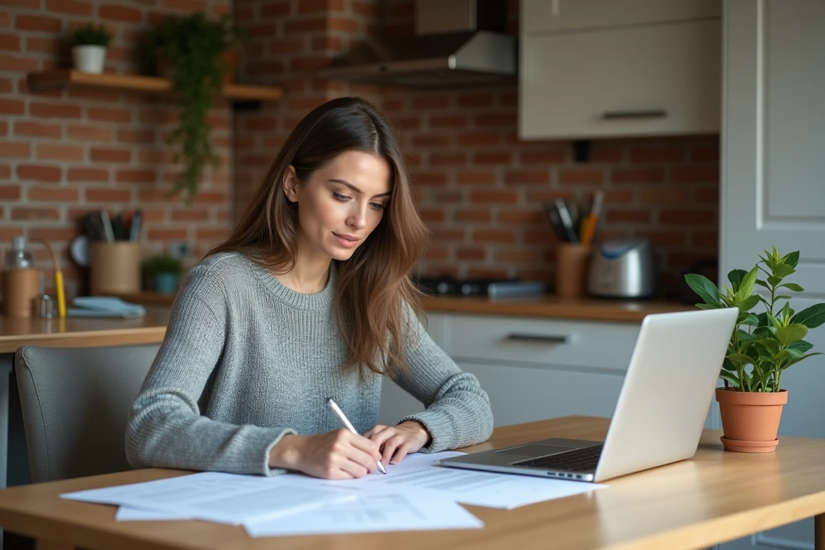 Jeune mère rédigeant une lettre de renouvellement de congé parental à la CAF, assise à une table en bois avec des documents administratifs