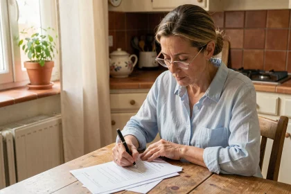 Mère rédigeant une attestation de domicile pour son fils à une table de cuisine en bois
