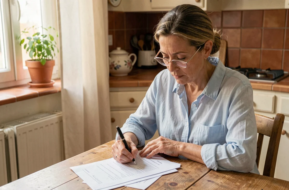 Mère rédigeant une attestation de domicile pour son fils à une table de cuisine en bois